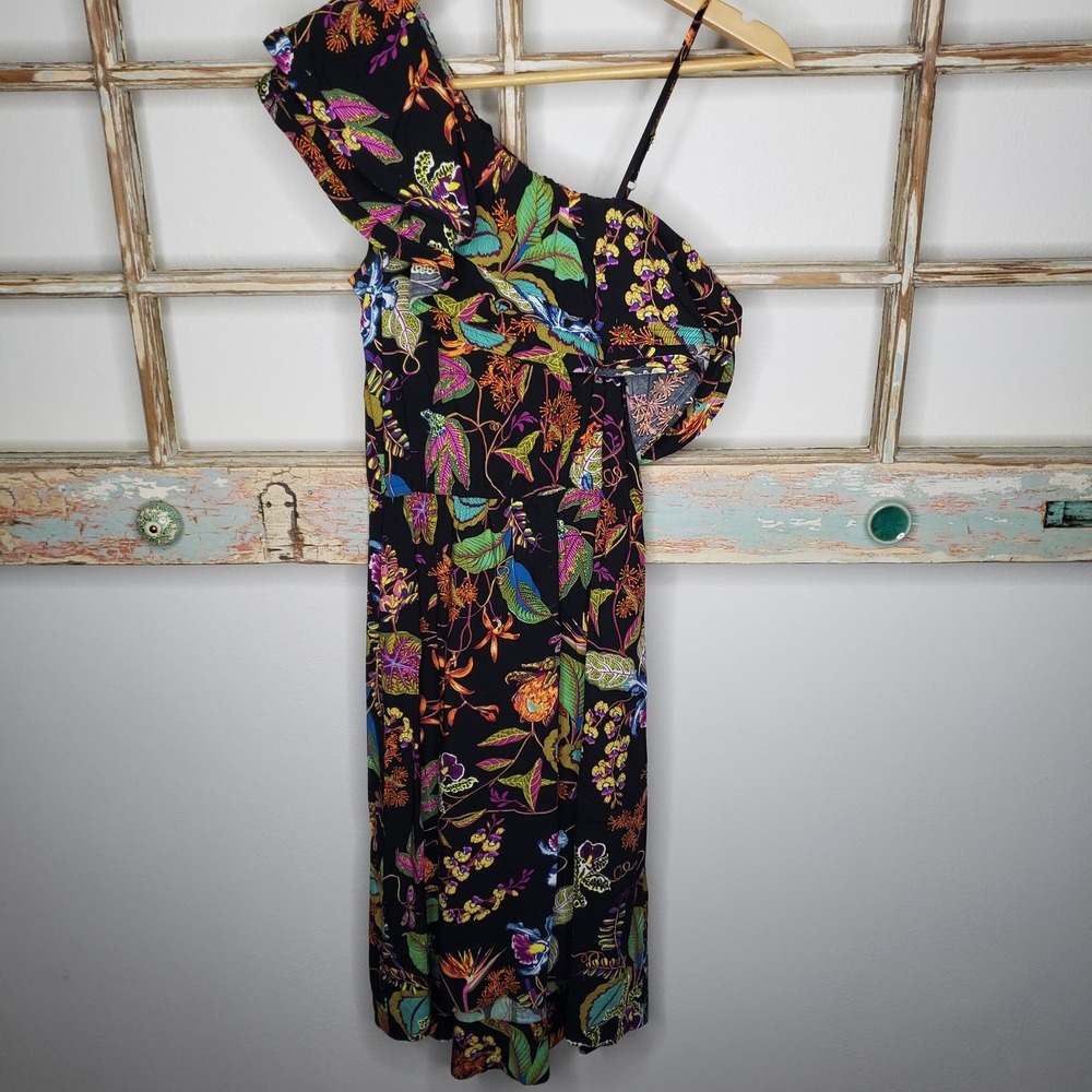 H & M Rainforest Floral Ruffle One Shoulder Viscose Dress size 6 - Picture 10 of 16